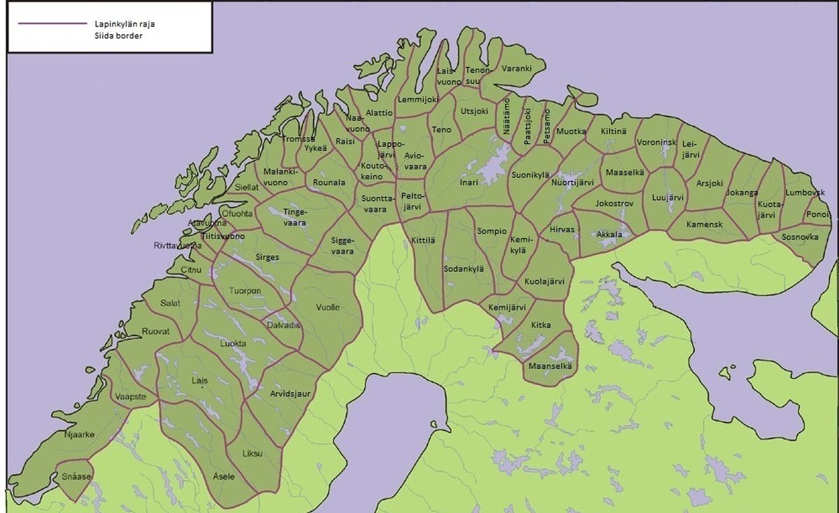 Schematic map of 17th-century villages, including Kittilä, Inari, Sompio, and Sodankylä.