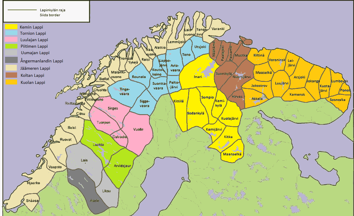 Schematic map of the Lapp regions, coloured by village. Yellow is Kemi Lapp, blue is Torne Lapp.