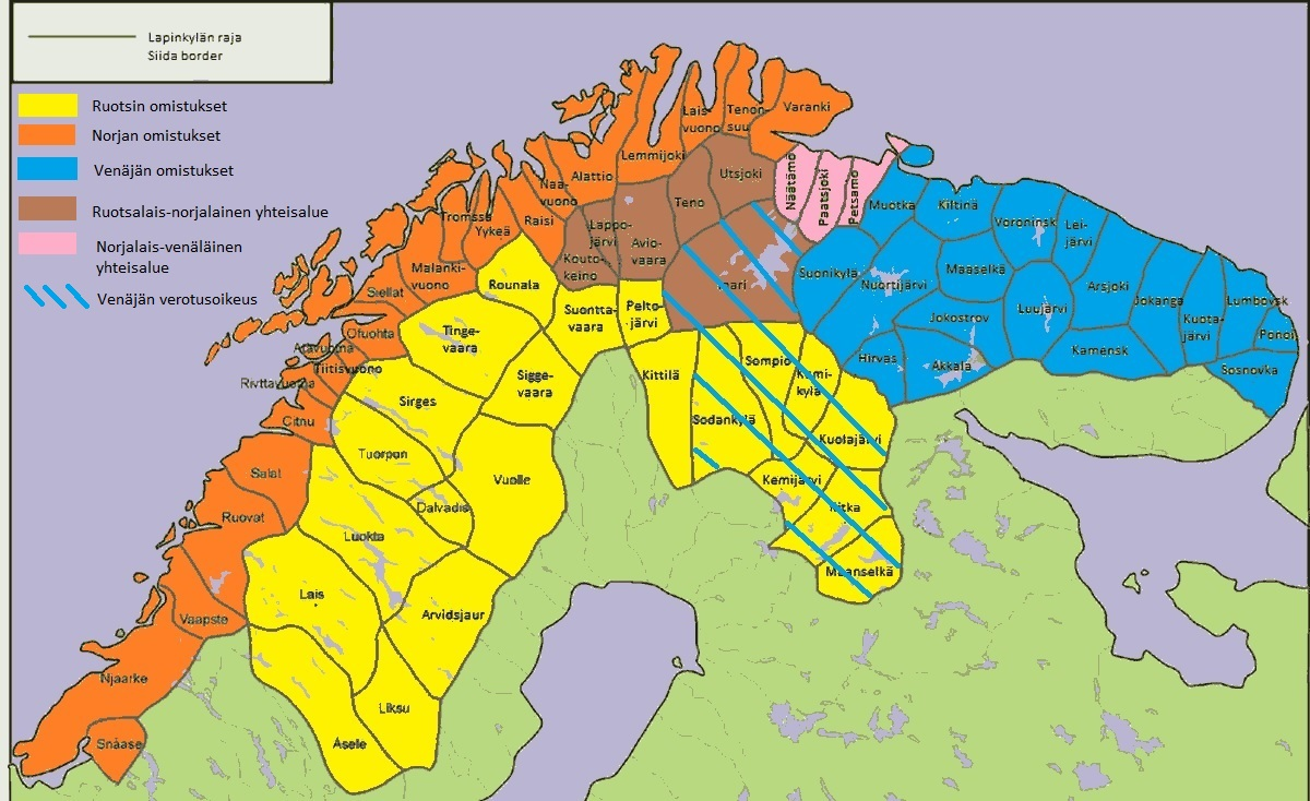 Schematic map of Swedish, Norwegian, and Russian areas in Lapland, 1613 to 1751.