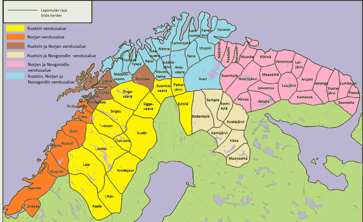 Schematic map of Swedish, Norwegian, and Novgorod tax areas in Lapland.